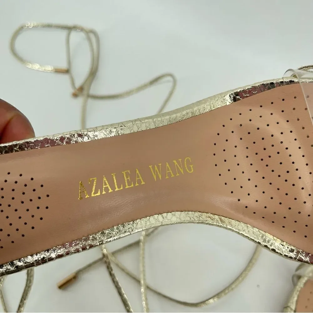 Azalea Wang Gold Clear Strap Lace Up Stiletto Heels Embossed Wrap Sandals 8.5